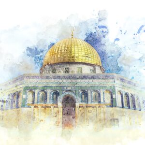 Le Dôme du Rocher à Jérusalem réinterprété en aquarelle bleue et dorée