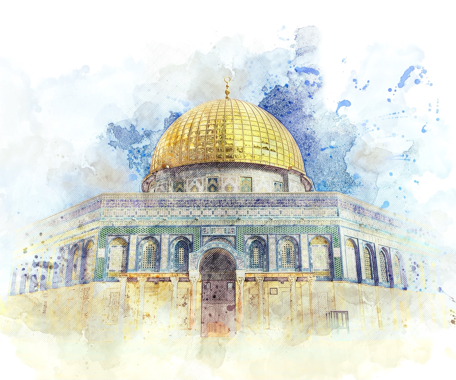 Le Dôme du Rocher à Jérusalem réinterprété en aquarelle bleue et dorée